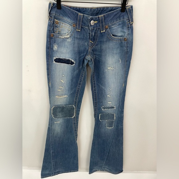 True Religion Vintage Y2K Low Rise Distressed Patchwork Flare Size 26 Jeans G10 - Picture 1 of 9